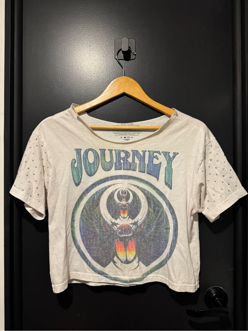 Journey Graphic Studded Short Sleeve Crop Top - Cream